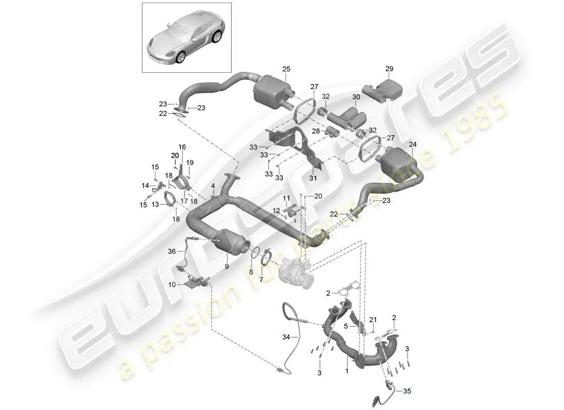 porsche 2018 (718 cayman) sistema de escape diagrama de piezas