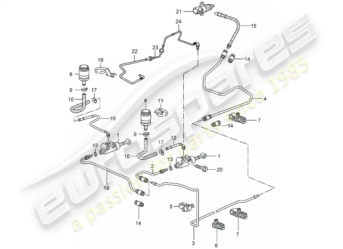 porsche 2003 (996 turbo / gt2) embrague hidráulico - funcionamiento - cilindro maestro del embrague - tubo del embrague hidráulico diagrama de piezas