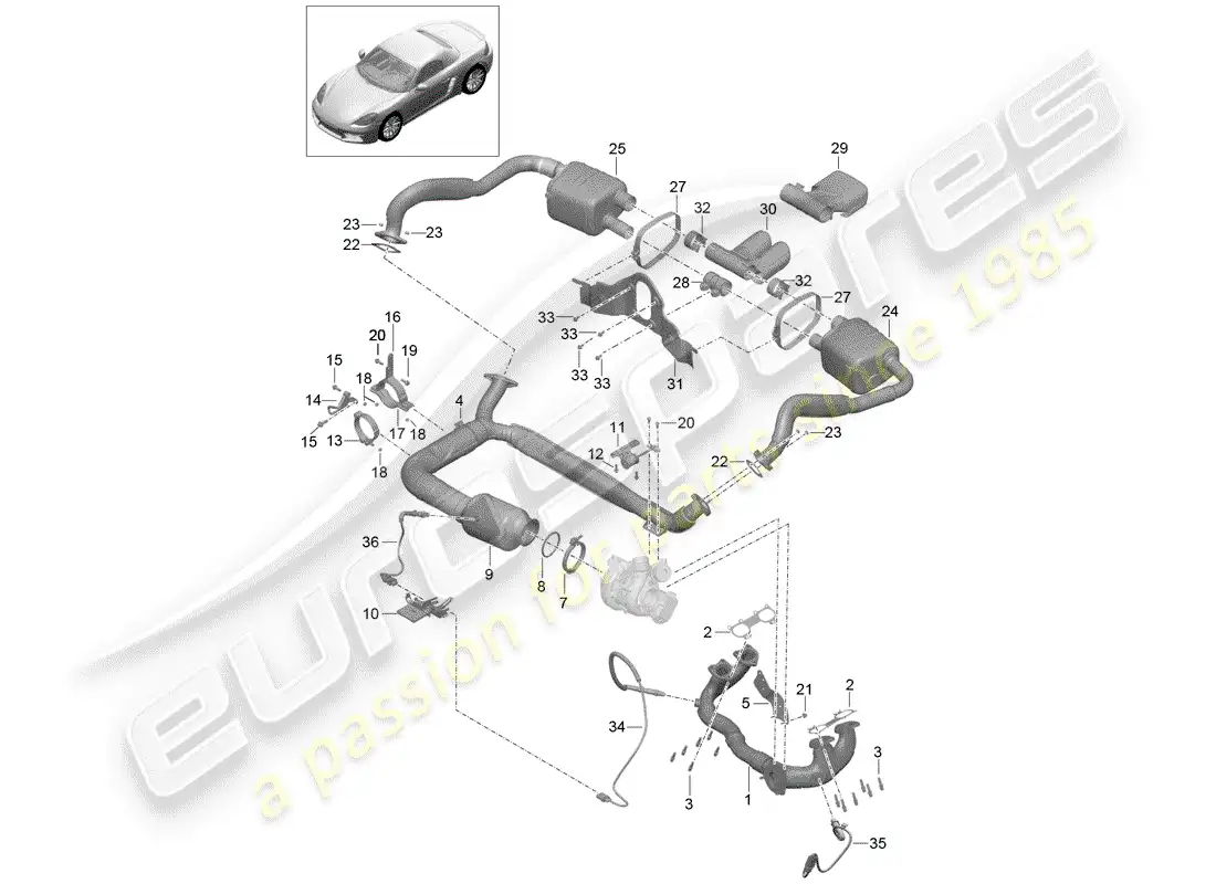 porsche 2018 (718 boxster) sistema de escape diagrama de piezas