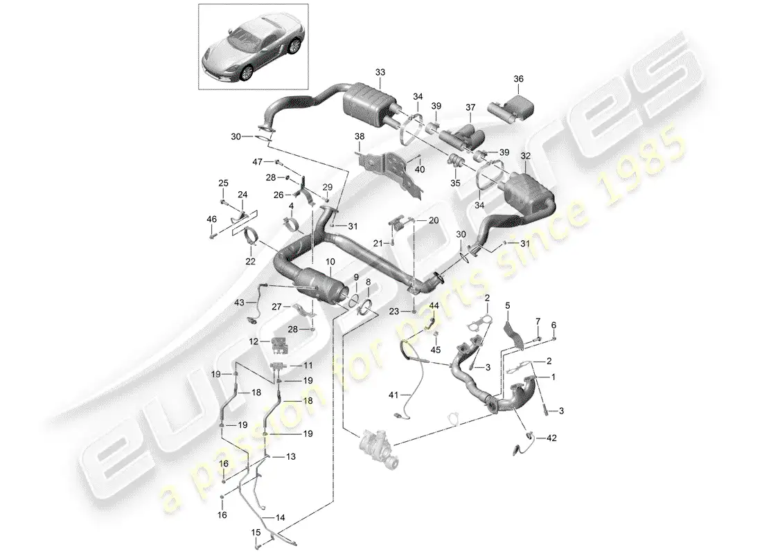 porsche 2018 (718 boxster) sistema de escape diagrama de piezas