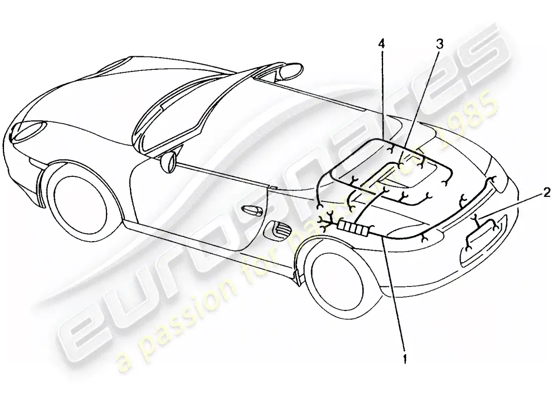 porsche 1998 (986 boxster) mazo de cables - parte trasera - luz de matrícula - luz de freno adicional - motor - kit de reparación - sistema freno antibloqueo -abs- - indicador de desgaste de pastillas de freno - eje trasero diagrama de piezas