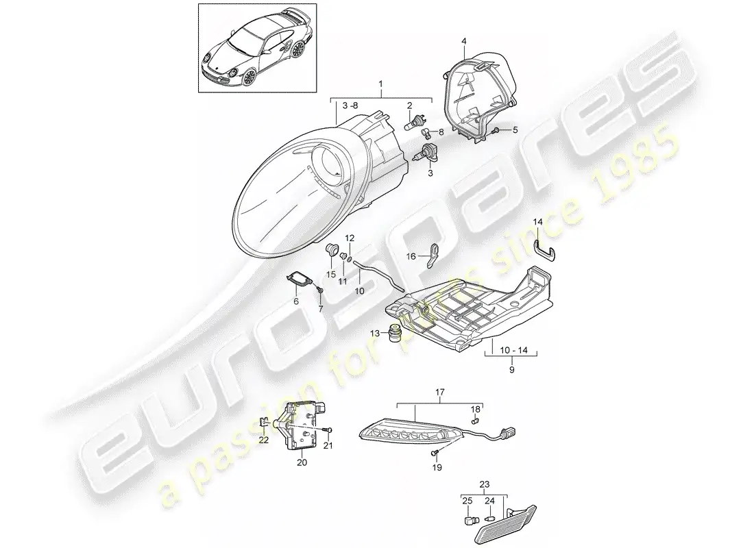 porsche 2012 (997-2 turbo / gt2 rs) lámpara de cabeza diagrama de piezas