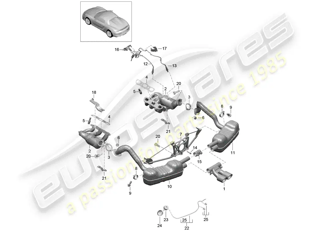 porsche 2016 (981 boxster spyder) sistema de escape diagrama de piezas