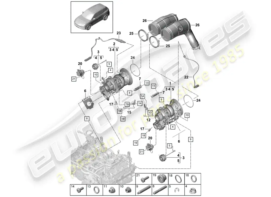 porsche 2020 (cayenne e3 9ya/9yb) turbocompresor de gases de escape diagrama de piezas