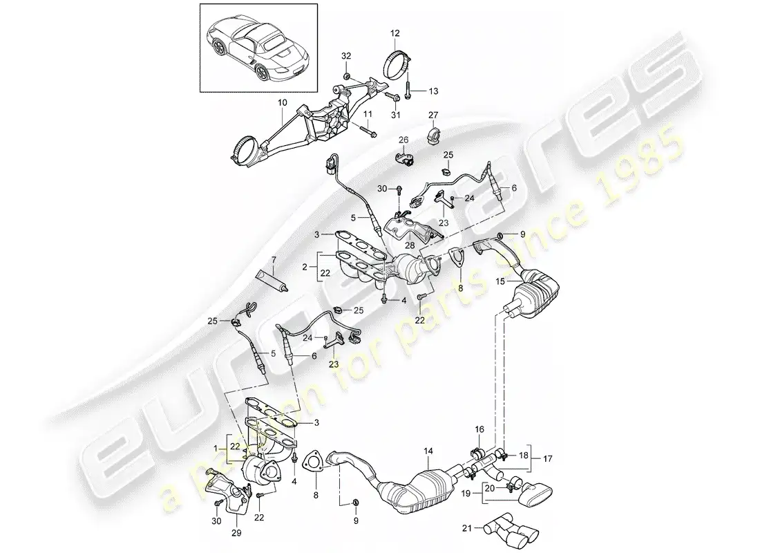 porsche 2012 (987 boxster) sistema de escape diagrama de piezas