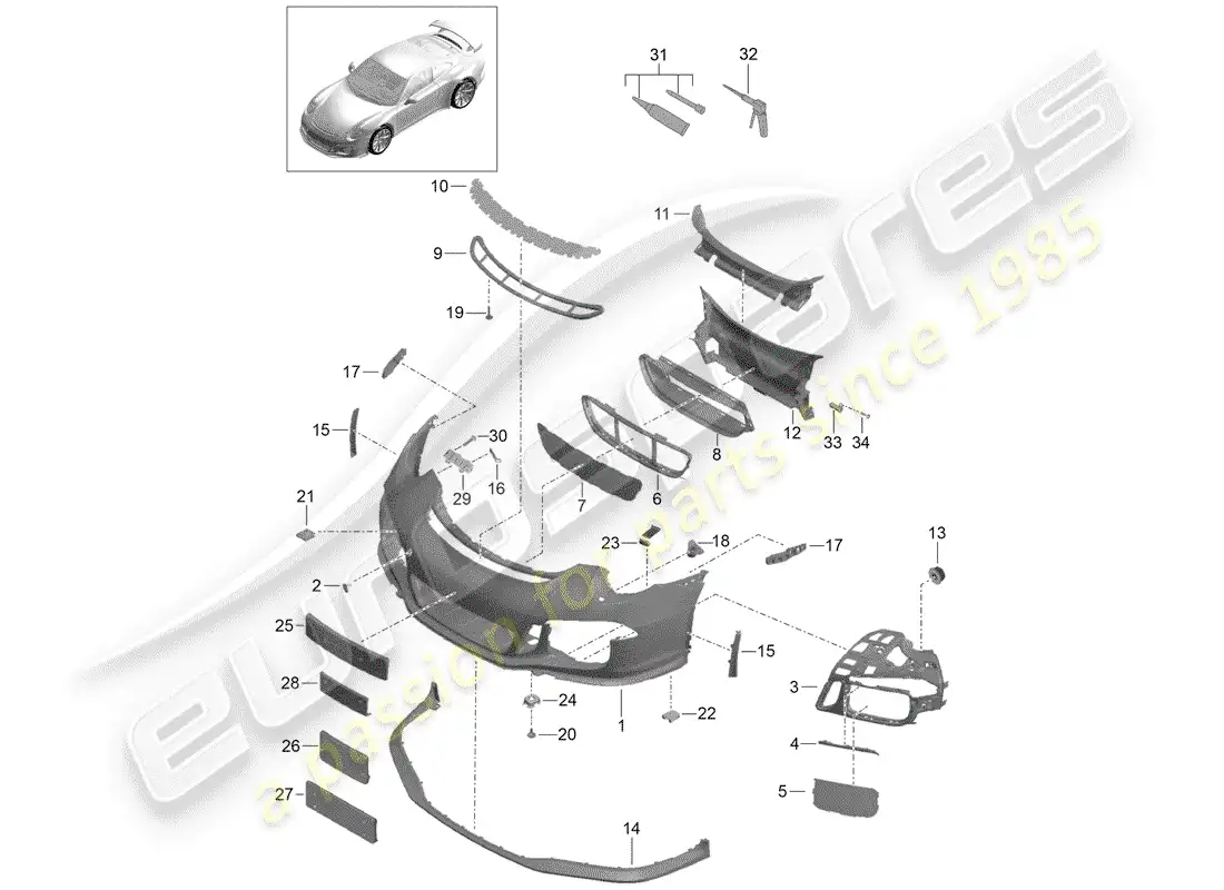 porsche 2016 (991-1 r/gt3/rs) parachoque diagrama de piezas