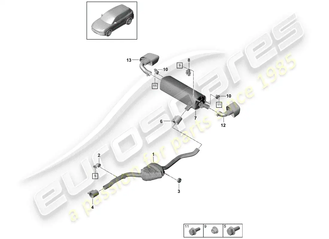 porsche 2020 (cayenne e3 9ya/9yb) sistema de escape diagrama de piezas