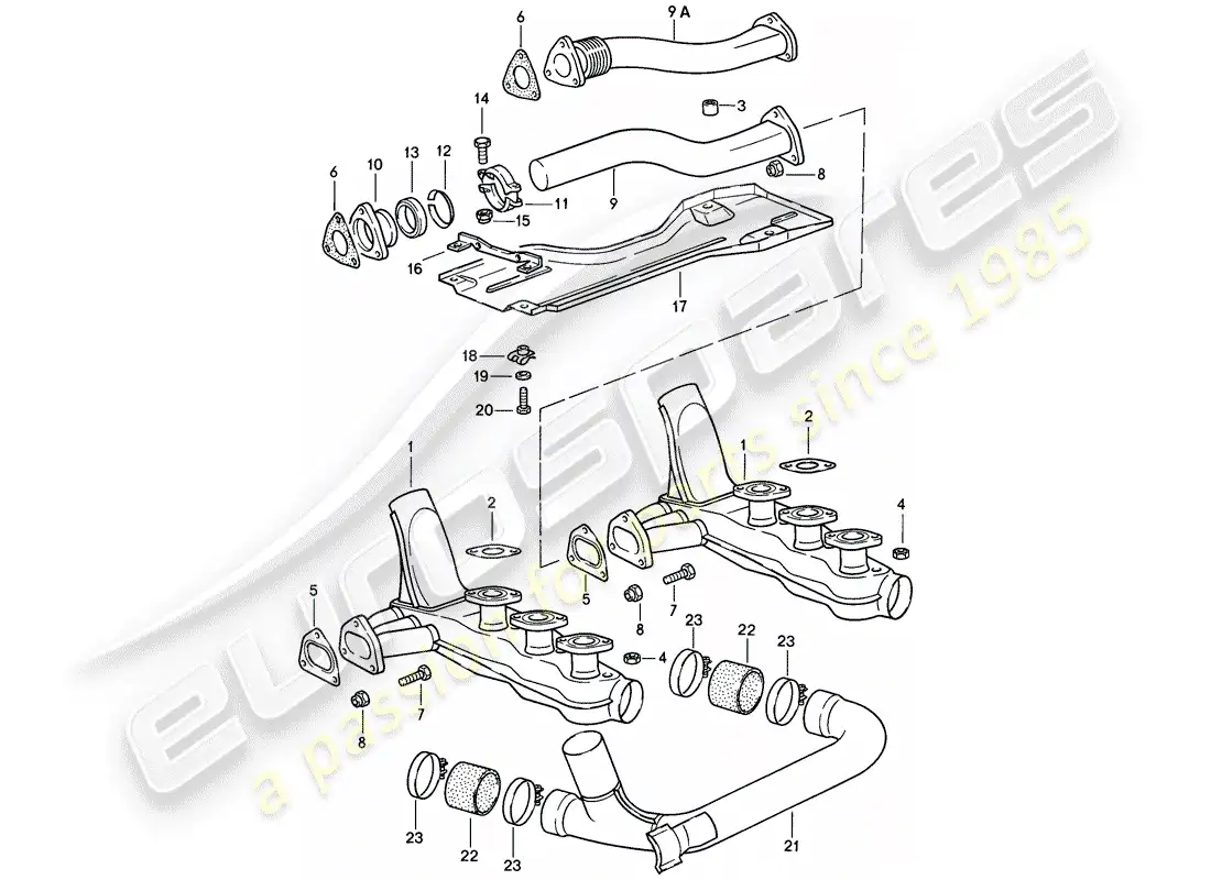 porsche 1986 (911) sistema de escape - núcleo del calentador diagrama de piezas