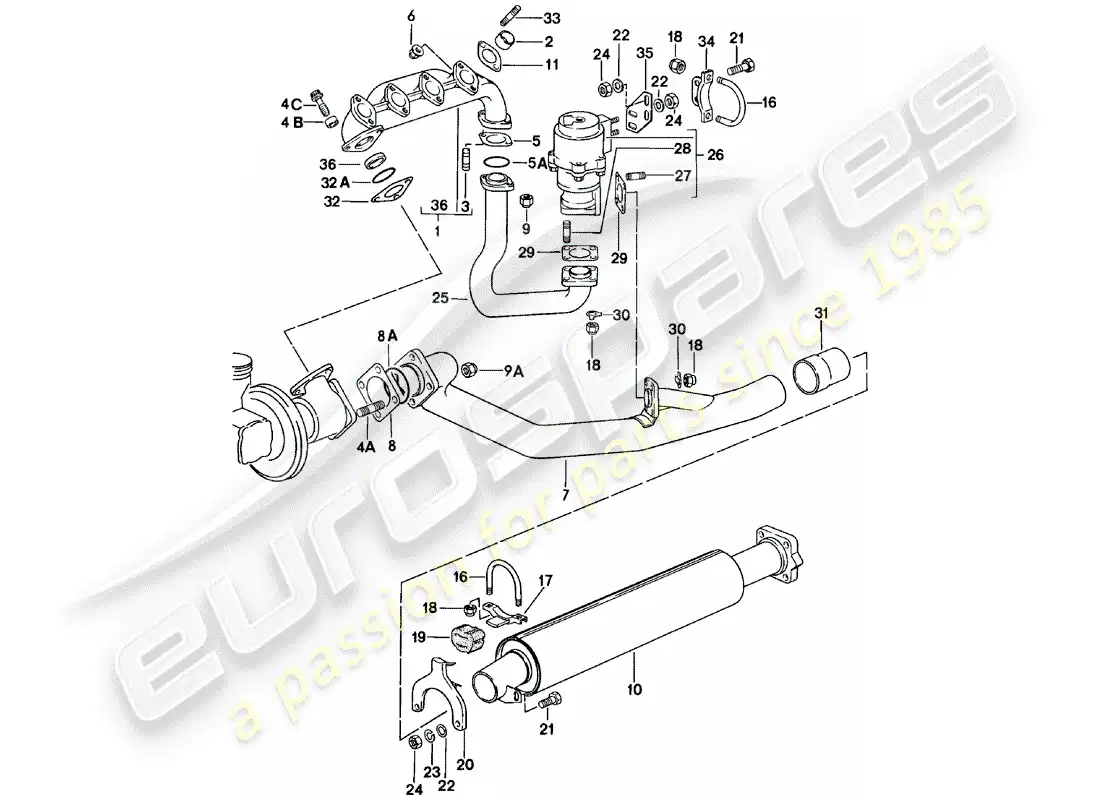 porsche 1981 (924) sistema de escape - silenciador de escape, delantero diagrama de piezas