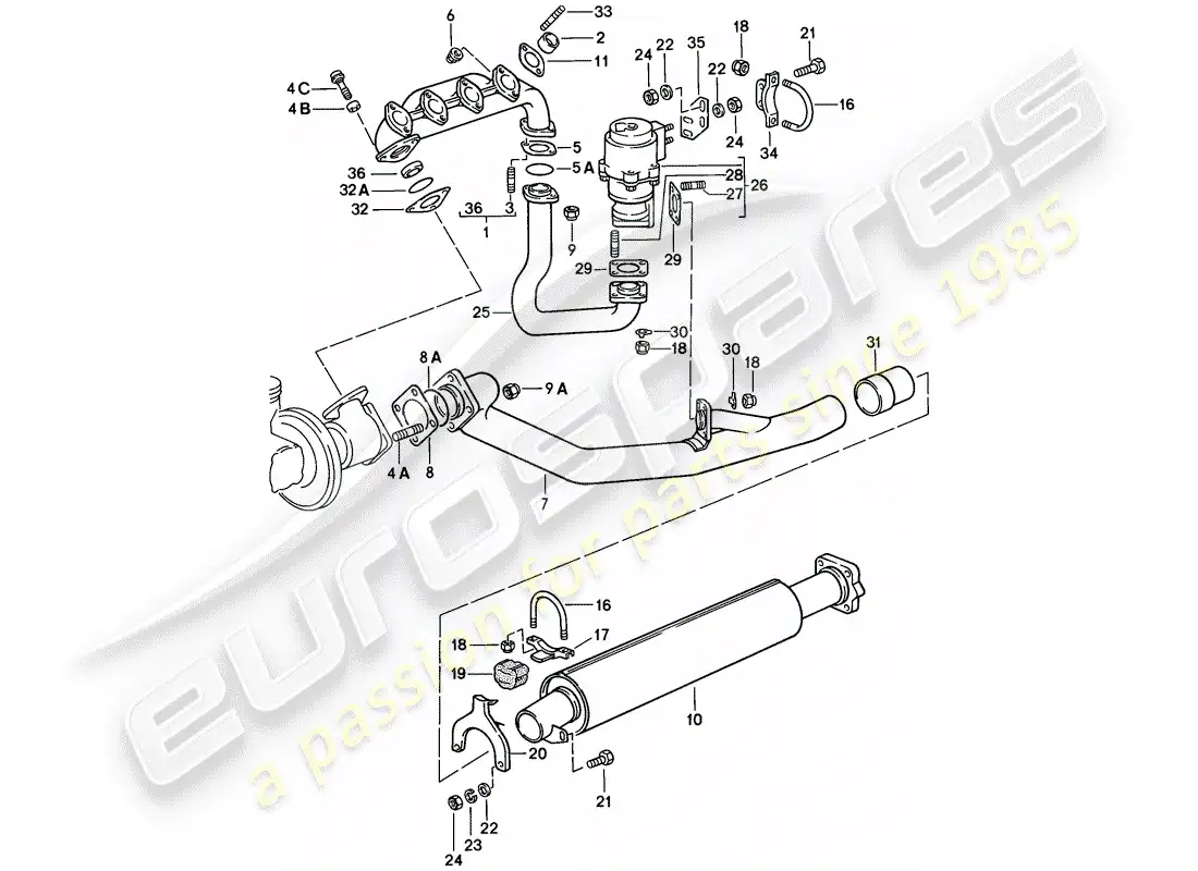 porsche 1979 (924) sistema de escape - silenciador de escape, delantero diagrama de piezas
