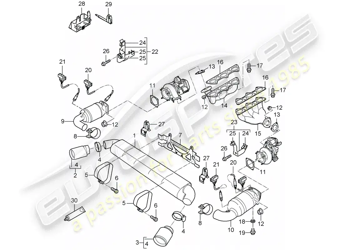 porsche 2009 997-2 turbo / gt2 sistema de escape diagrama de piezas