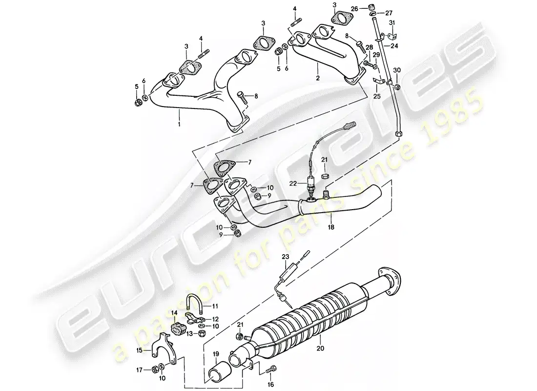porsche 1986 (944) sistema de escape - - catalizador diagrama de piezas