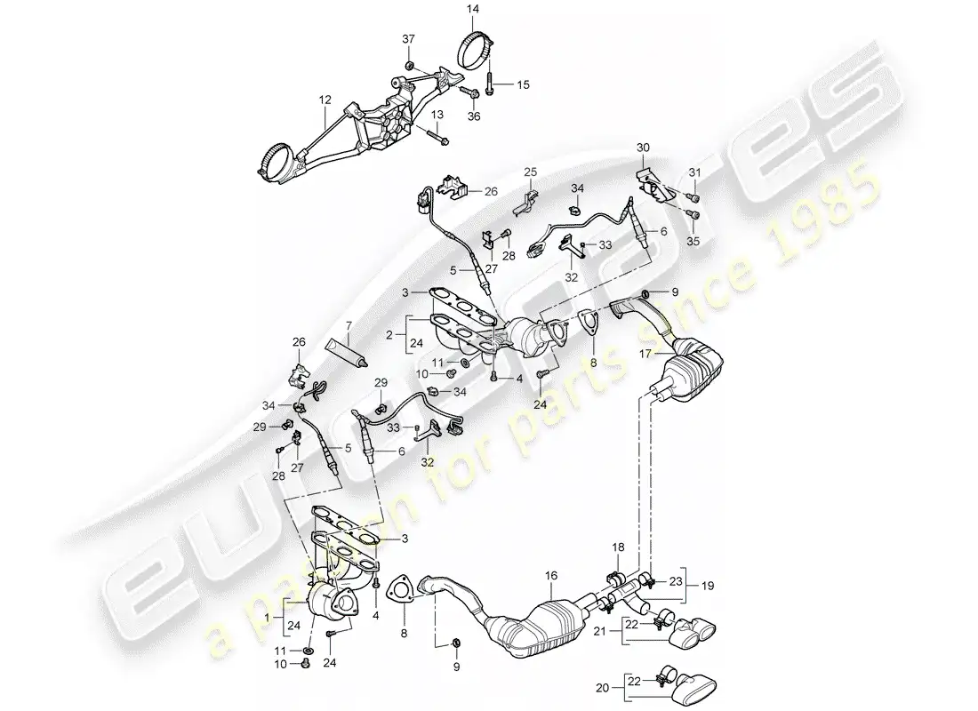 porsche 2007 (987 boxster) sistema de escape diagrama de piezas