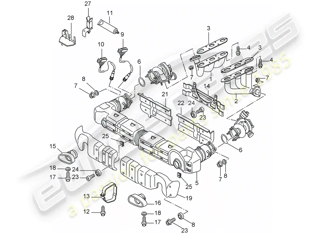 porsche 2001 (996 turbo / gt2) sistema de escape diagrama de piezas