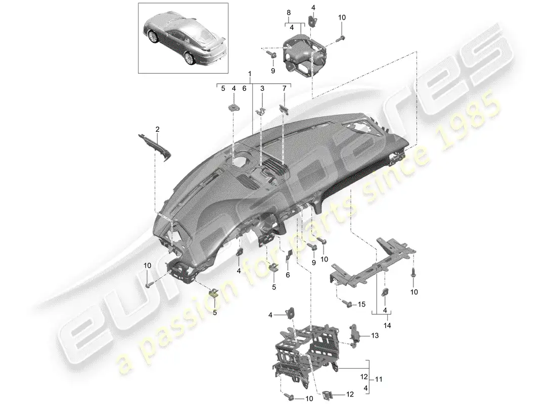 porsche 2015 (991-1 r/gt3/rs) moldura del panel de instrumentos diagrama de piezas