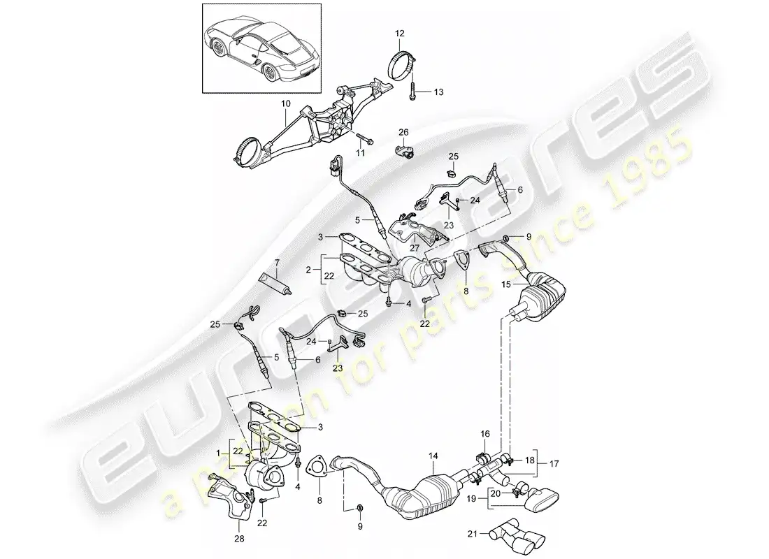 porsche 2011 (987 cayman) sistema de escape diagrama de piezas