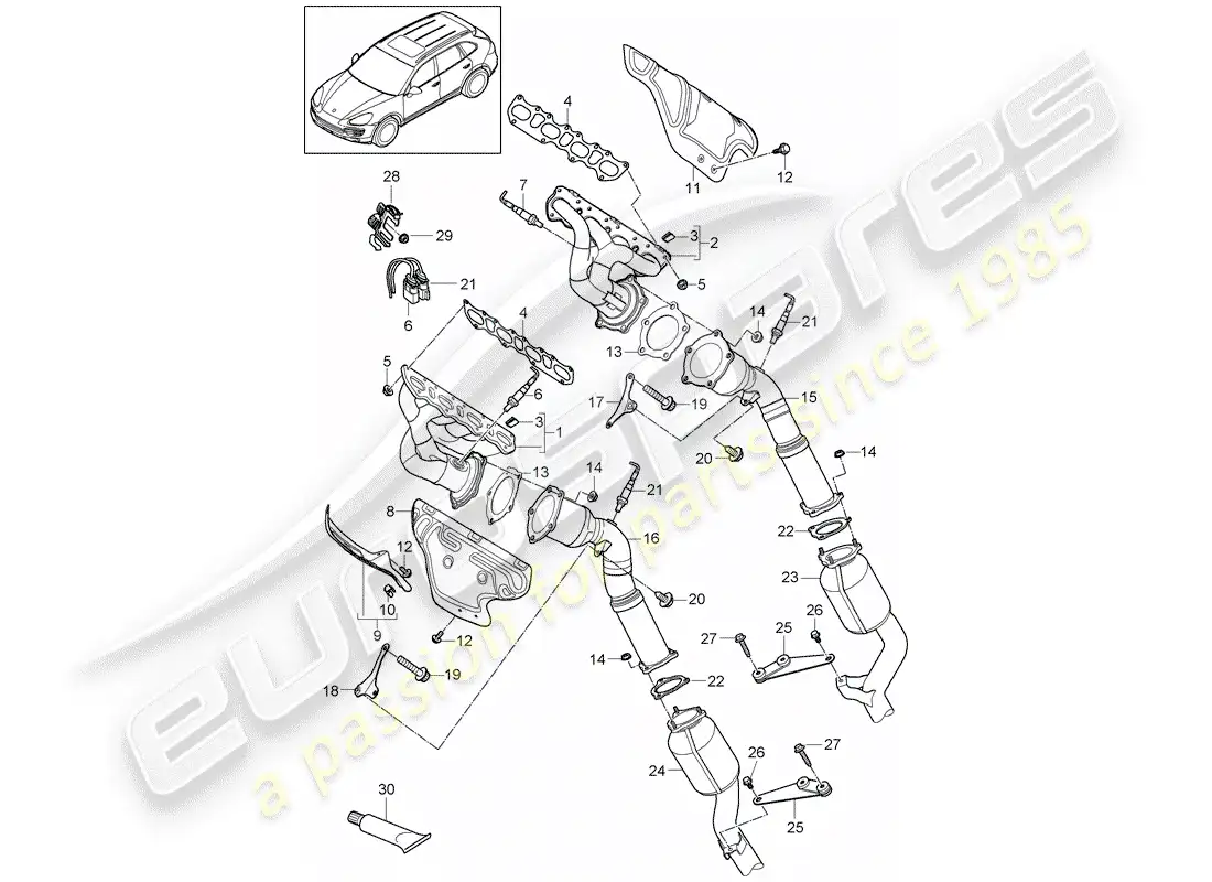 porsche 2016 (cayenne e2 92a) sistema de escape diagrama de piezas
