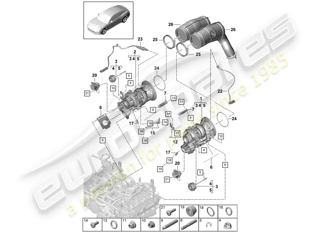 porsche 2017 (panamera 971-1) turbocompresor de gases de escape diagrama de piezas