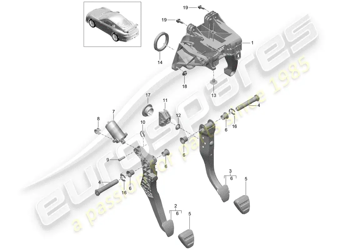porsche 2018 (991-2 r/gt3/rs) brake and acc. pedal assembly diagrama de piezas