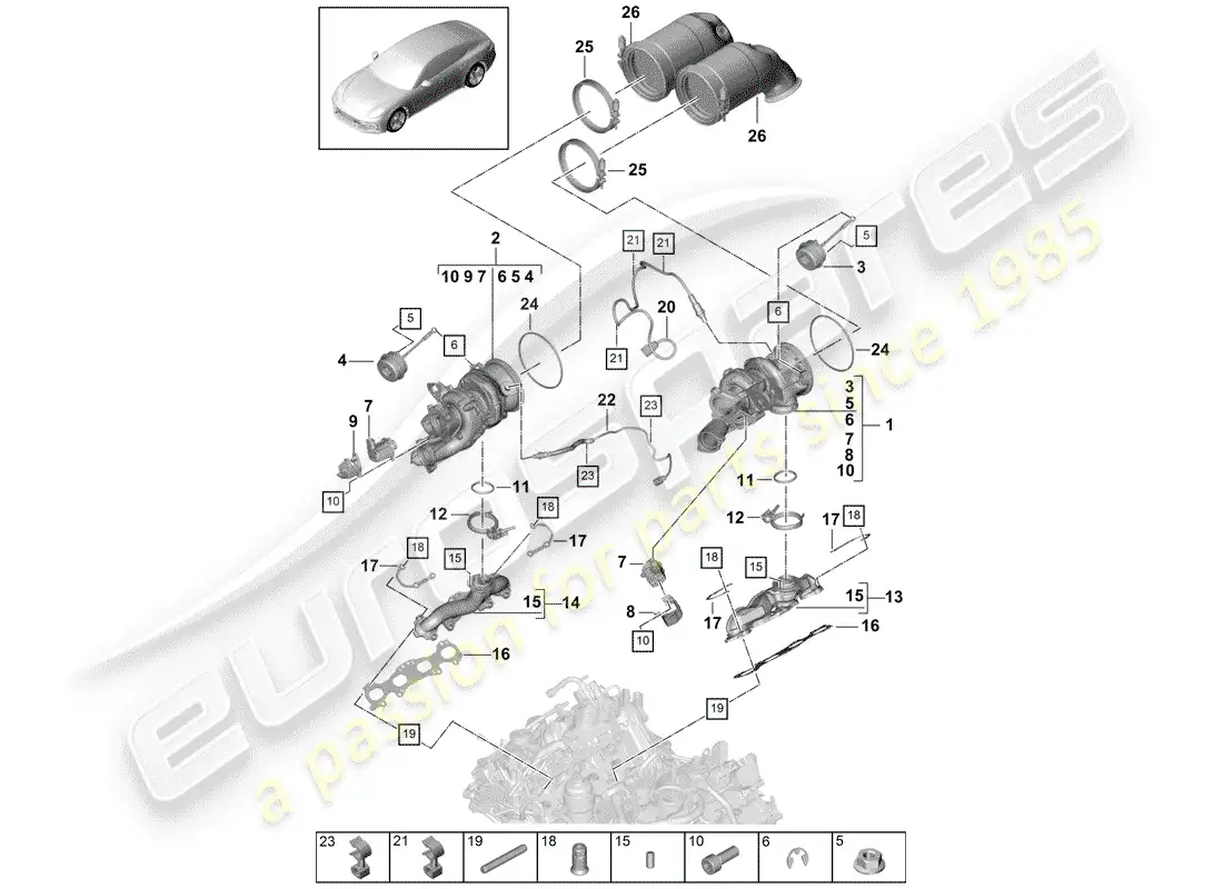 porsche 2017 (panamera 971-1) turbocompresor de gases de escape diagrama de piezas