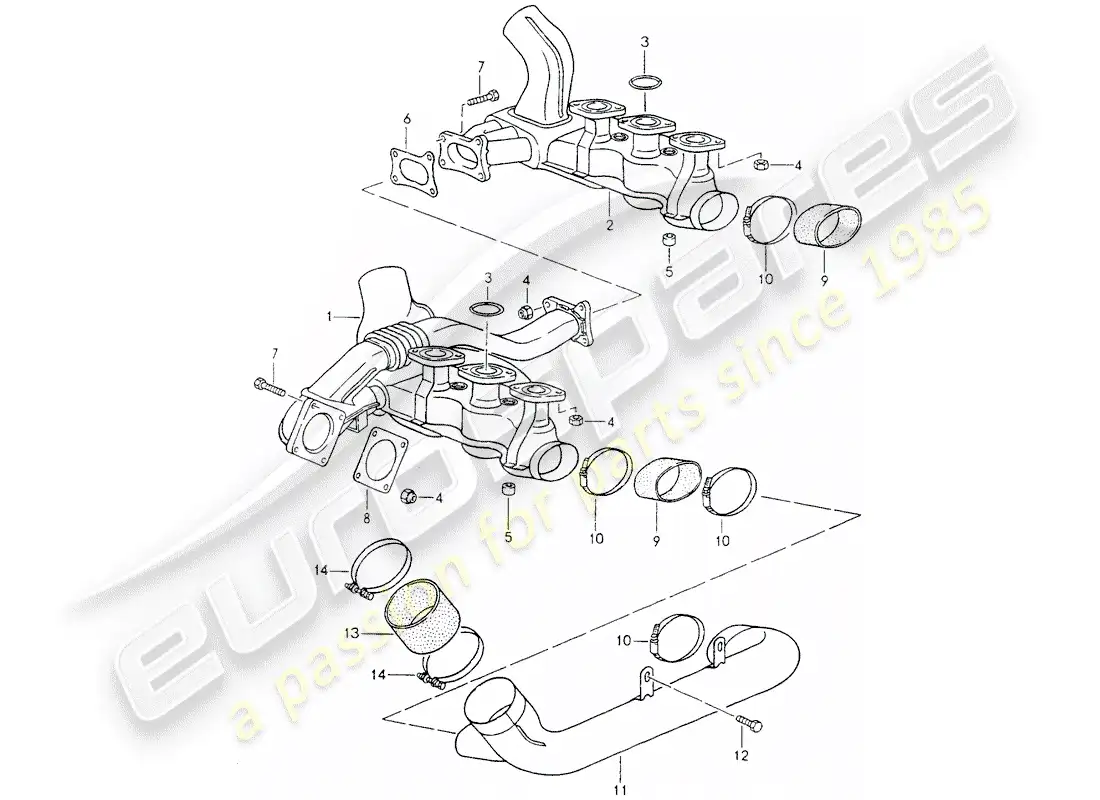 porsche 1989 (964) sistema de escape - núcleo del calentador diagrama de piezas
