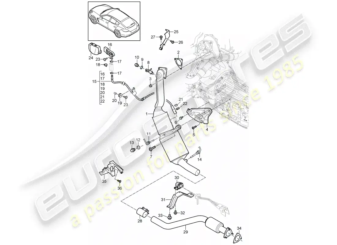 porsche 2011 (panamera 970) sistema de escape diagrama de piezas