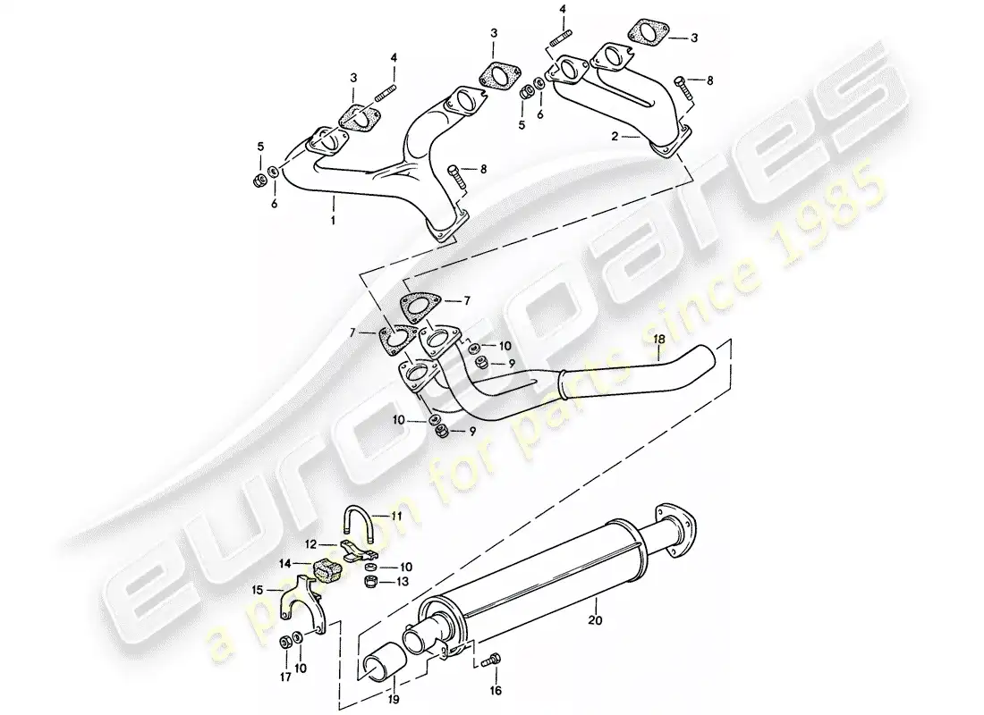 porsche 1986 (924s) sistema de escape - silenciador de escape, delantero diagrama de piezas