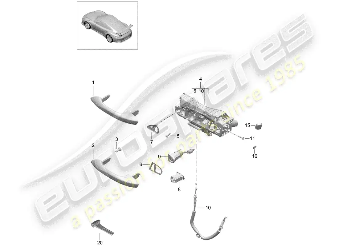 porsche 2019 (991-2 r/gt3/rs) manija de puerta exterior diagrama de piezas