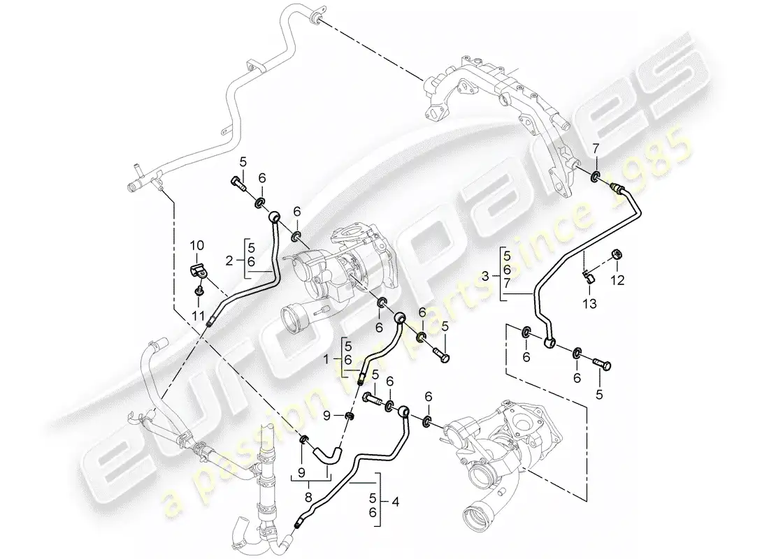 porsche 2008 (cayenne e1 9pa) turbocompresor de gases de escape diagrama de piezas
