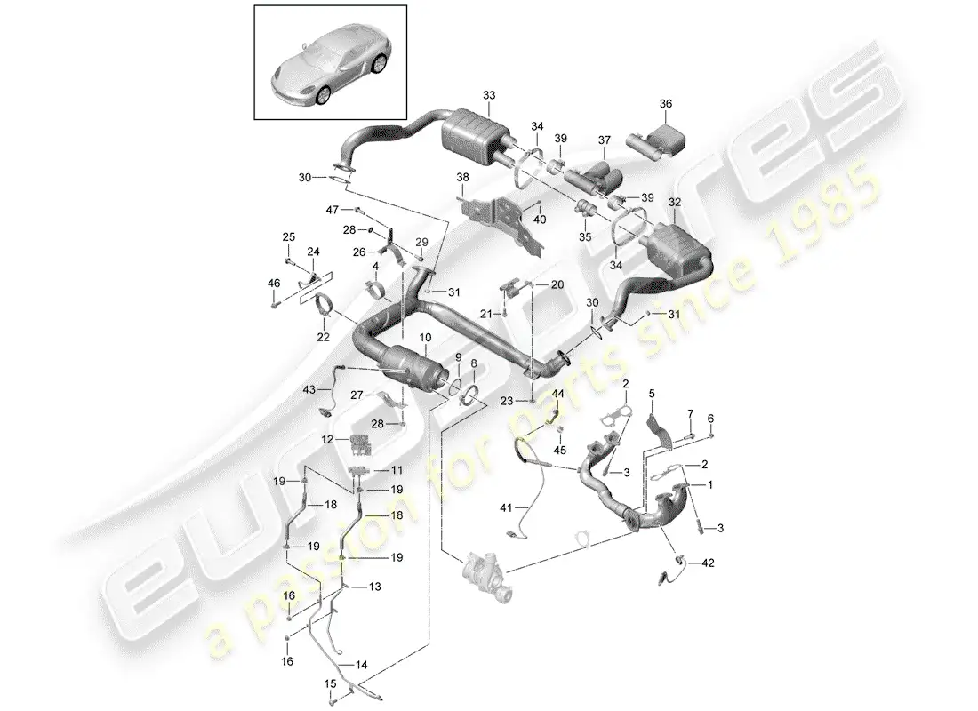porsche 2019 (718 cayman) sistema de escape diagrama de piezas