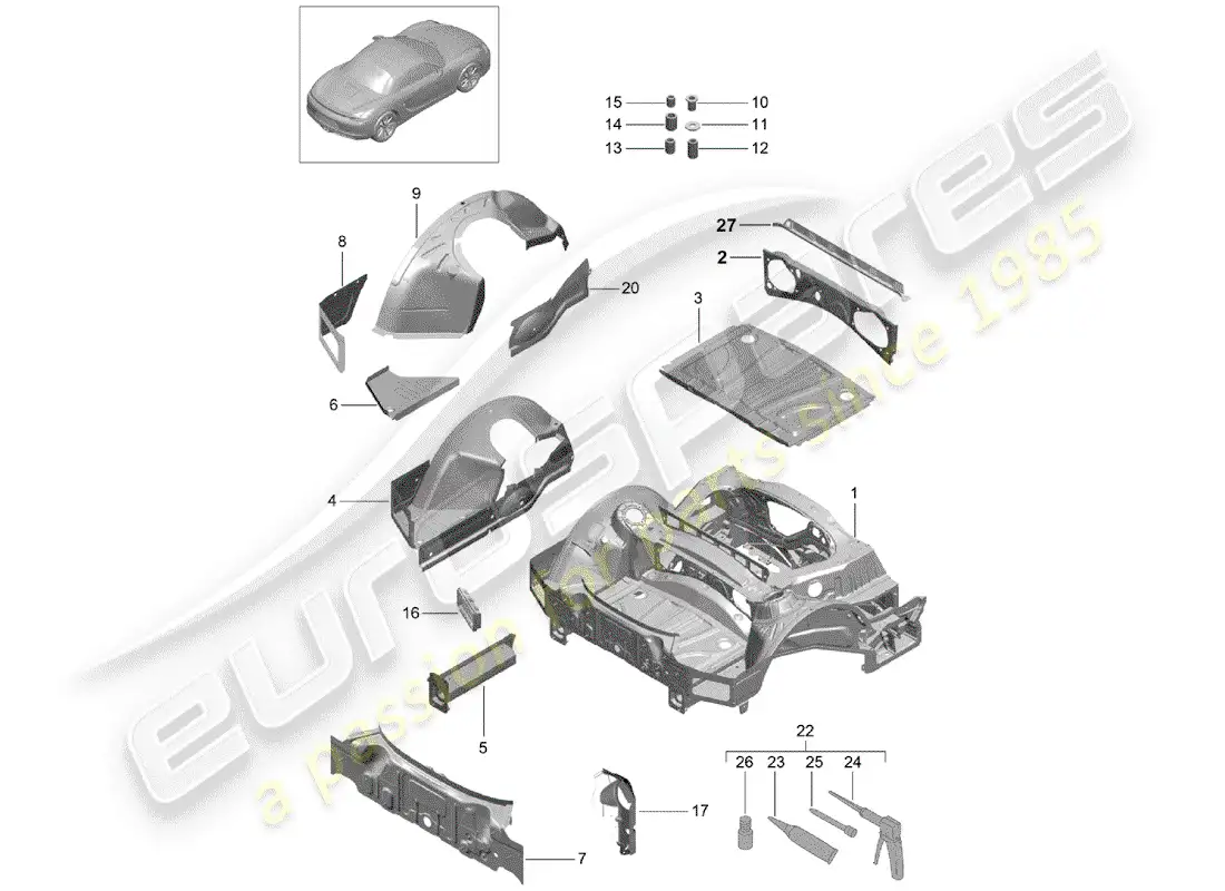 porsche 2012 (981 boxster) extremo posterior diagrama de piezas