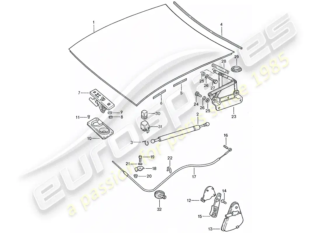 porsche 1989 (928) capó - piezas de instalación diagrama de piezas