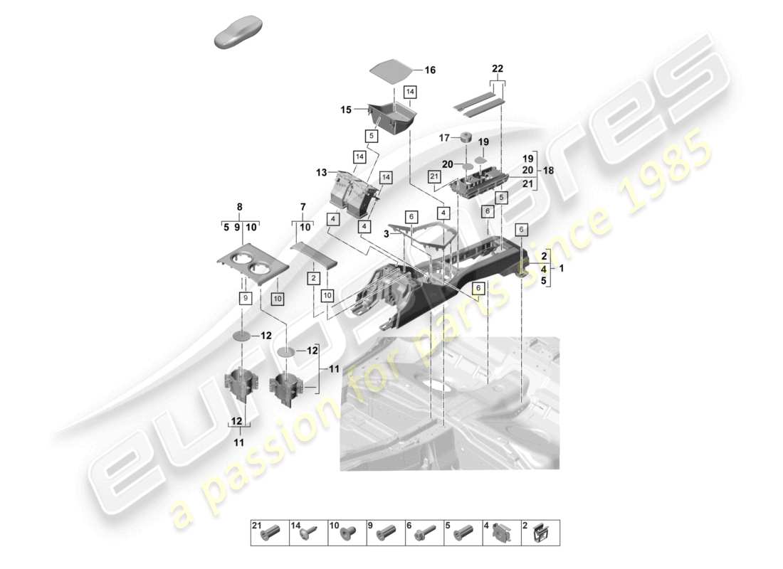 porsche 2022 (panamera 971-2) diagrama de piezas de la consola central trasera