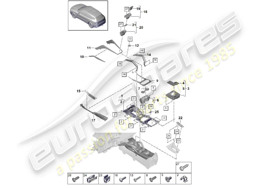 porsche 2022 (cayenne e3 9ya/9yb) diagrama de la parte superior de la consola central