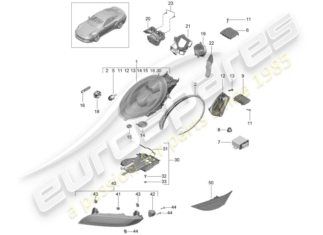porsche 991 turbo (2018) diagrama de piezas del faro led