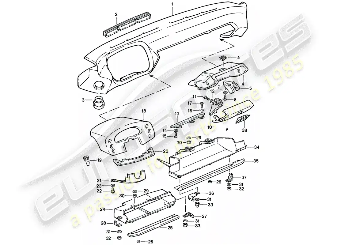 porsche 1985 (928) moldura del panel de instrumentos diagrama de piezas