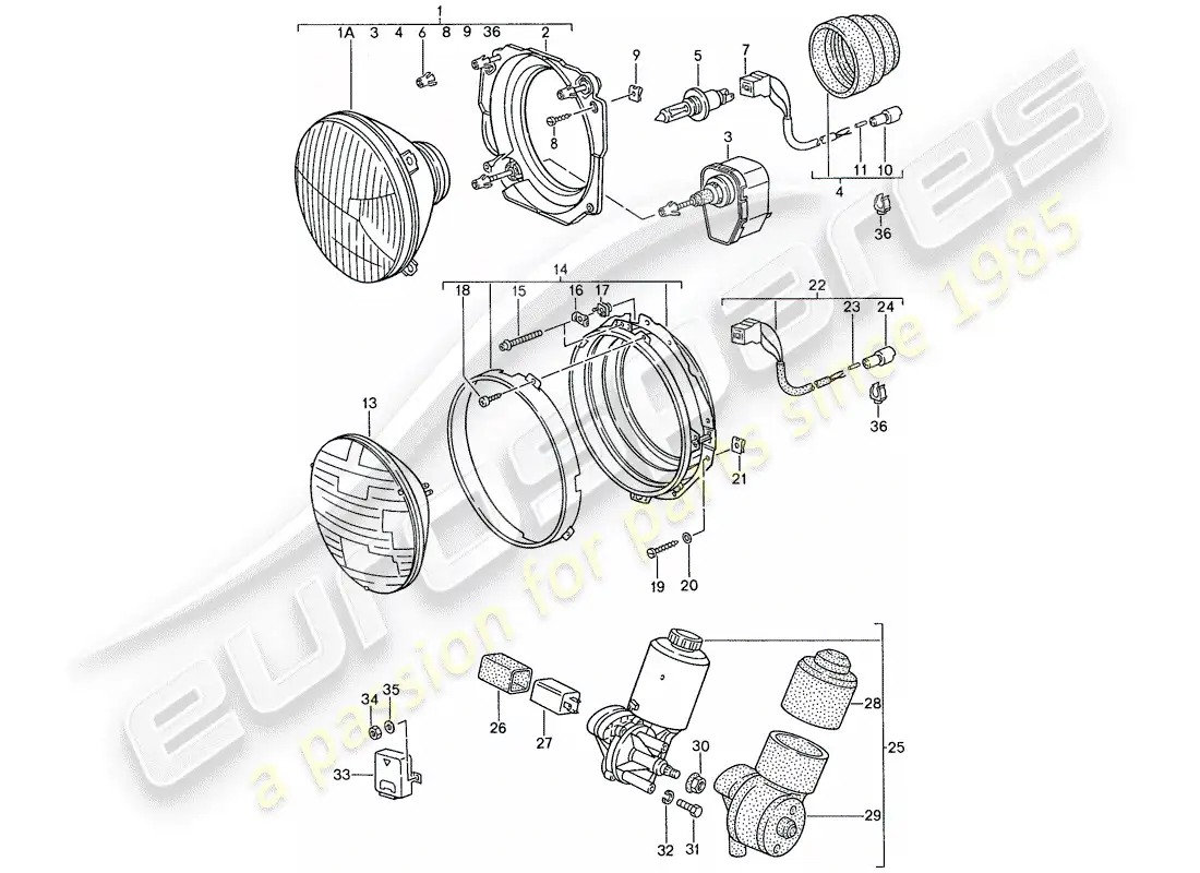 porsche 1990 (944) faro delantero - motor eléctrico - faro emergente diagrama de piezas
