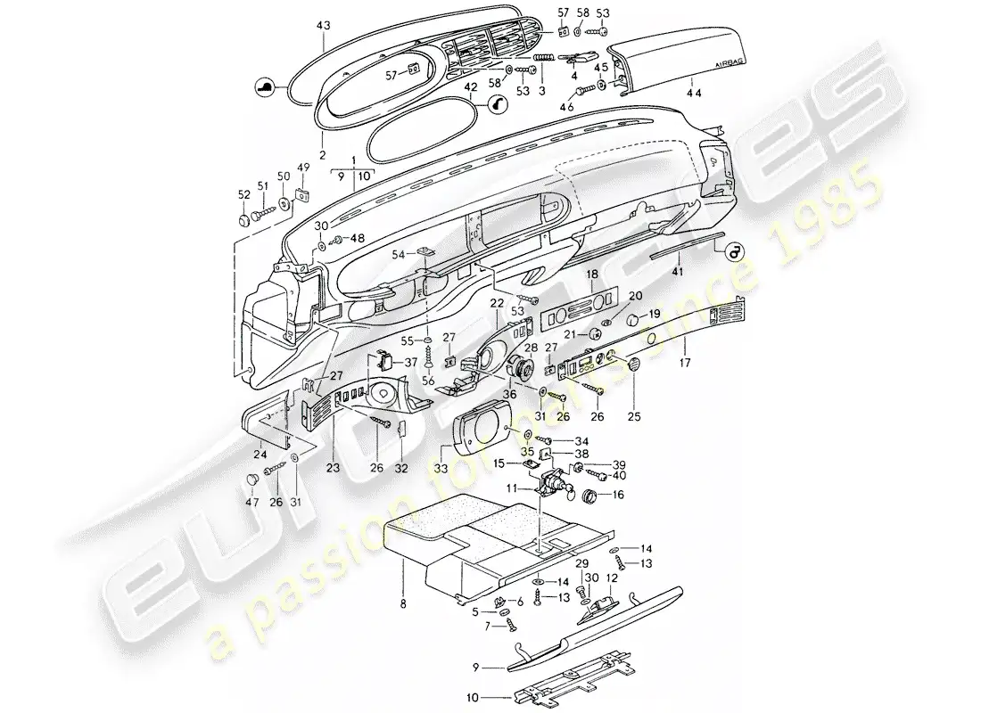 porsche 1995 (968) moldura del panel de instrumentos diagrama de piezas