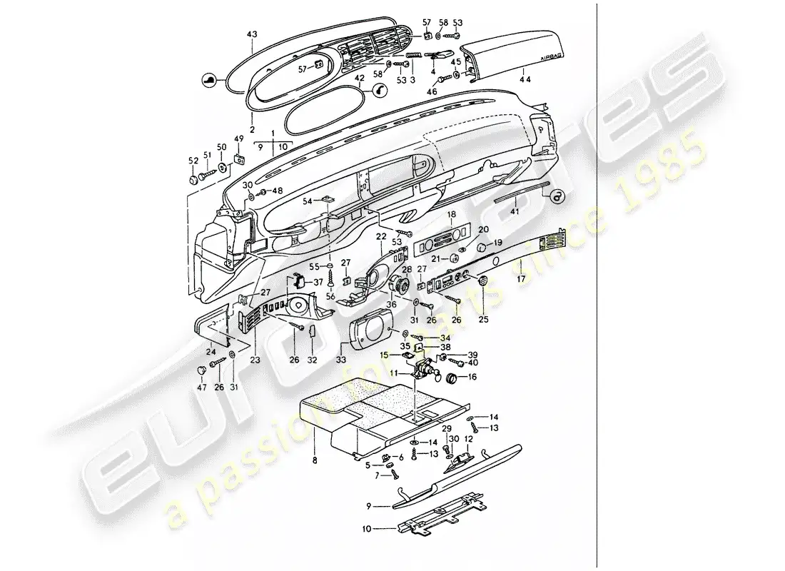 porsche 1988 (944) moldura del panel de instrumentos diagrama de piezas