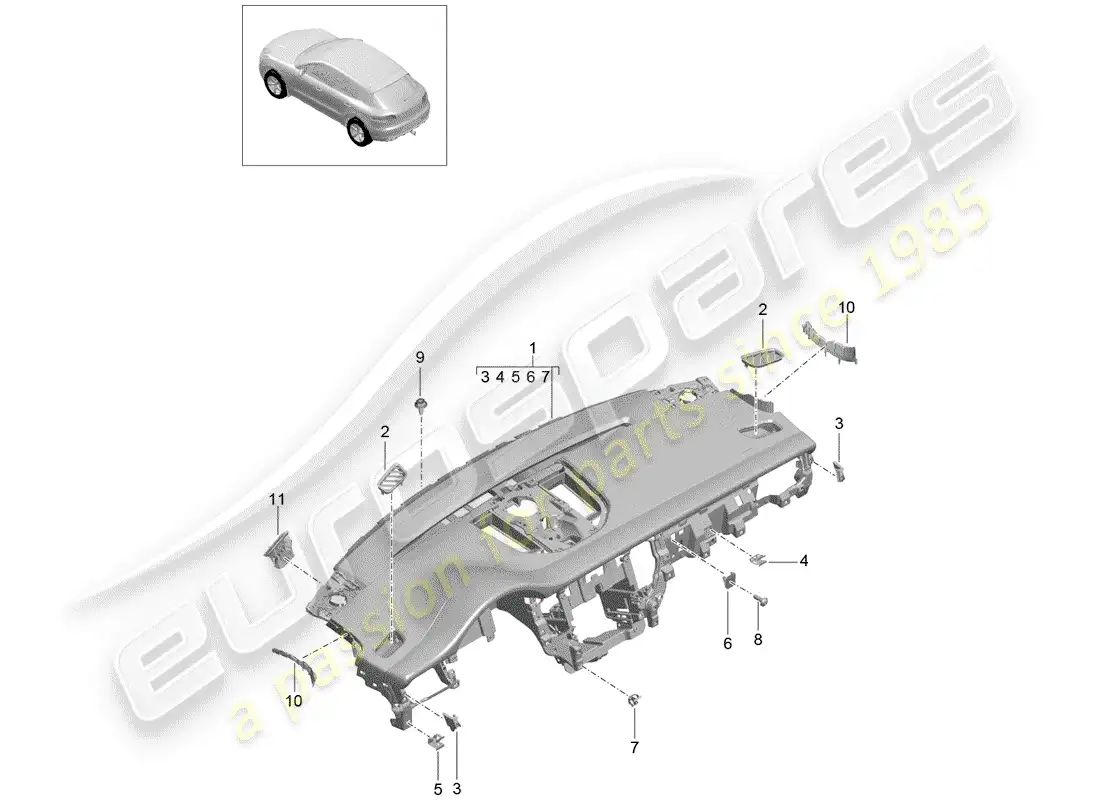 porsche 2016 (macan) moldura del panel de instrumentos diagrama de piezas