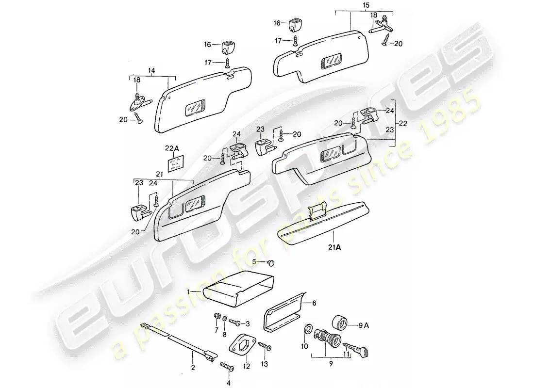 porsche 1987 (911) guantera - visores solares diagrama de piezas