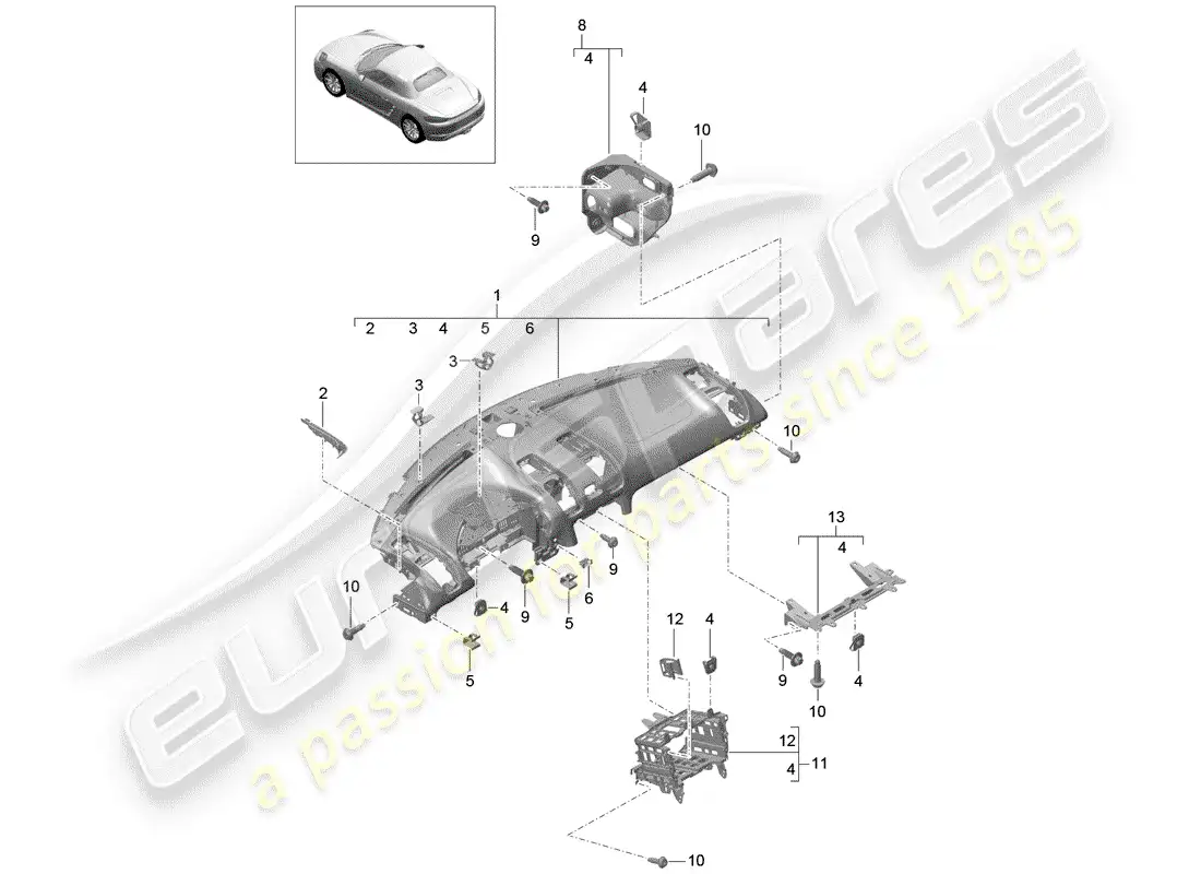 porsche 2019 (718 boxster) moldura del panel de instrumentos diagrama de piezas
