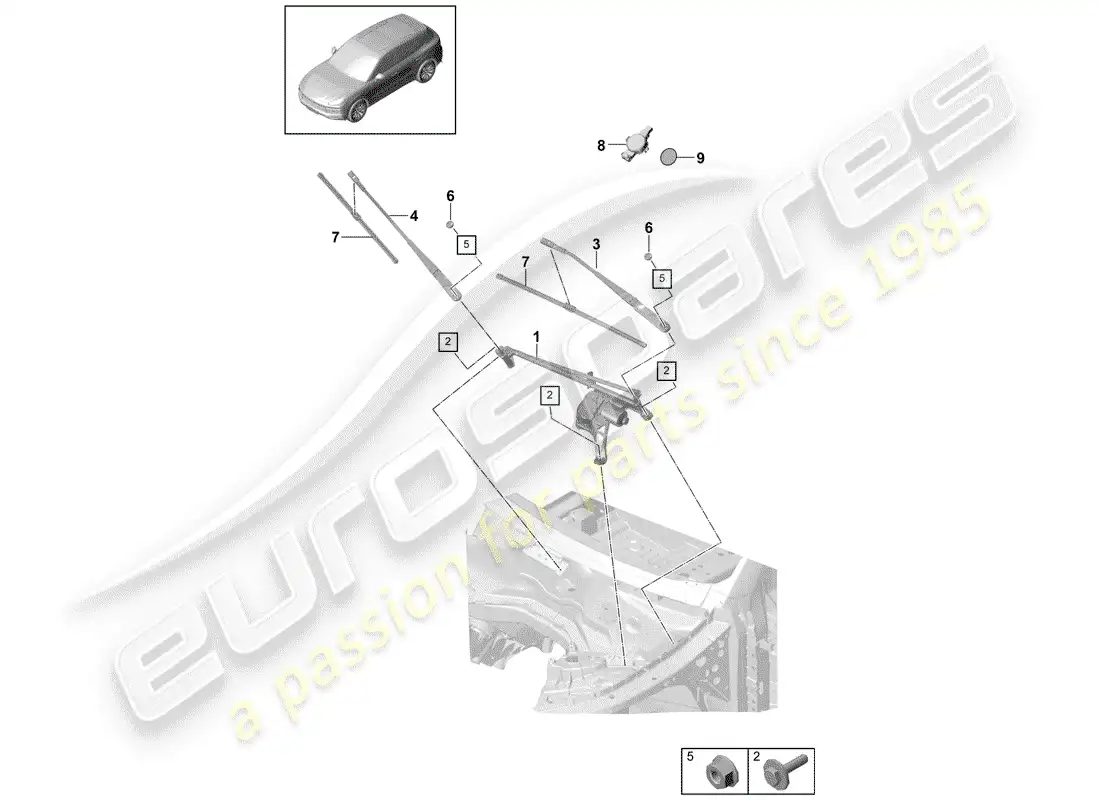 porsche 2019 (cayenne e3 9ya/9yb) sistema limpiaparabrisas compl. diagrama de piezas