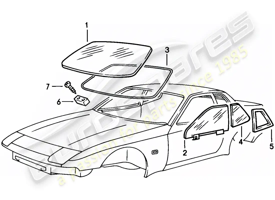 porsche 1983 (944) acristalamiento de ventanas diagrama de piezas