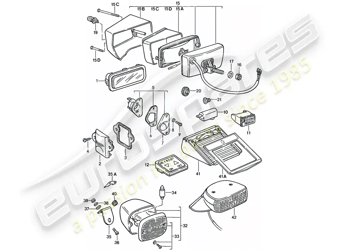 porsche 1986 (911) luz interior - luces antiniebla - luces diagrama de piezas
