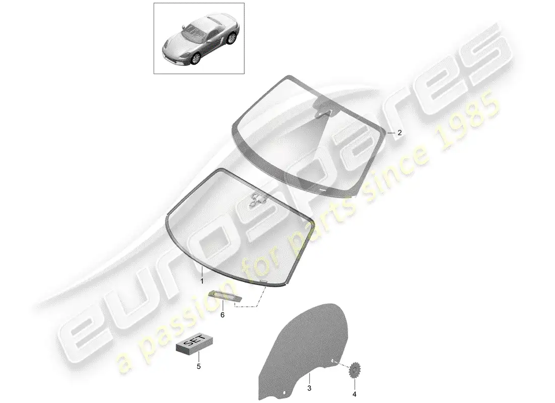 porsche 2019 (718 boxster) vidrio del parabrisas diagrama de piezas