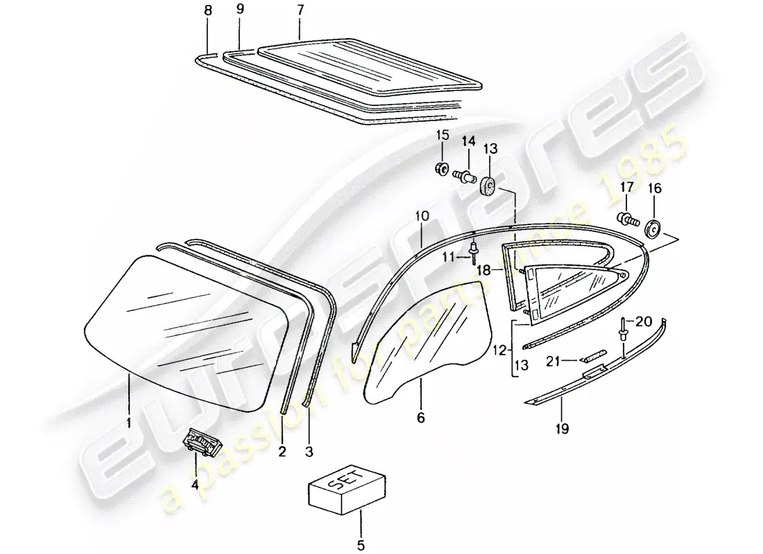 porsche 2001 (996 gt3) acristalamiento de ventanas diagrama de piezas