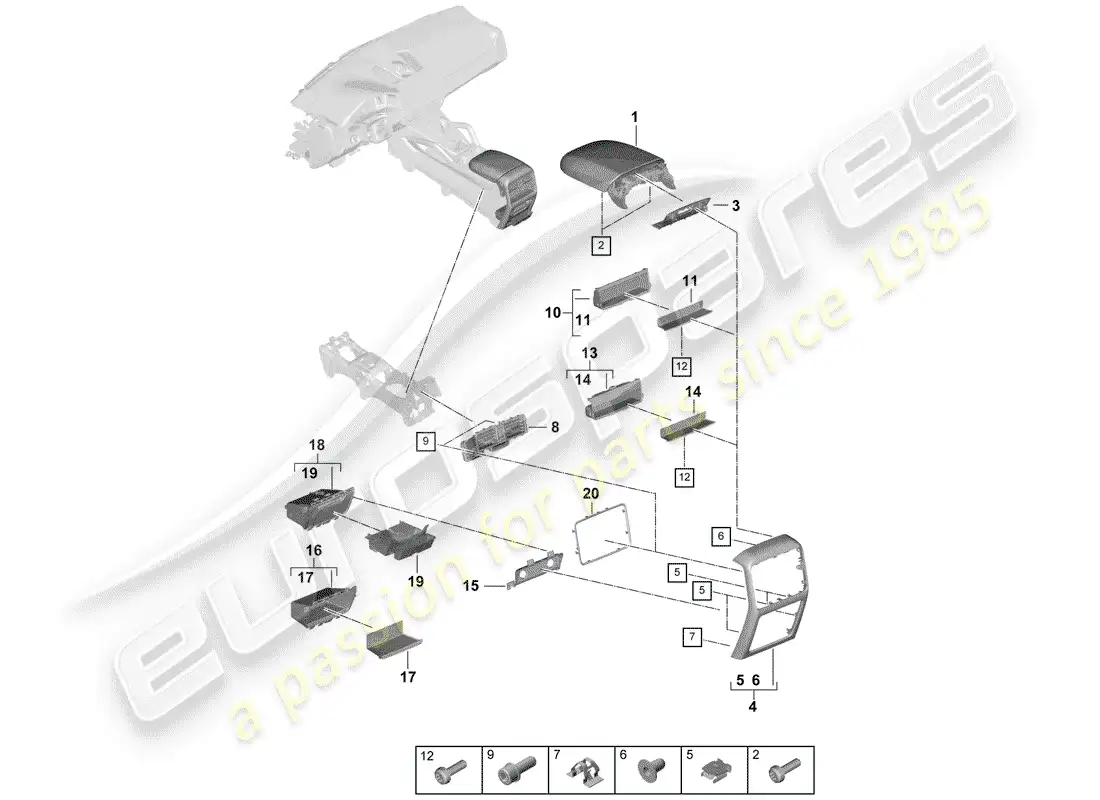 porsche 2020 (cayenne e3 9ya/9yb) center console diagrama de piezas