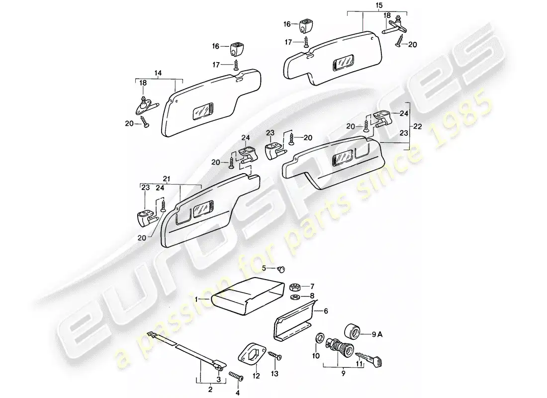 porsche 1986 (911) guantera - visores solares diagrama de piezas
