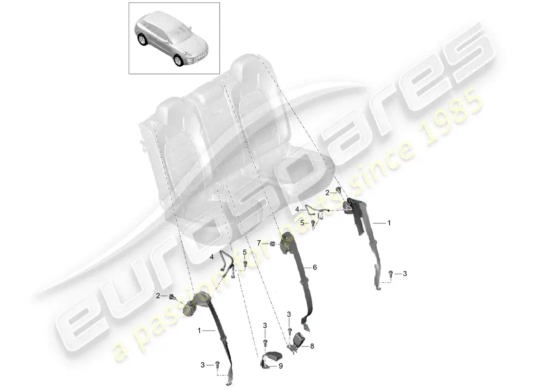 porsche 2016 (macan) cinturón de seguridad de tres puntos diagrama de piezas